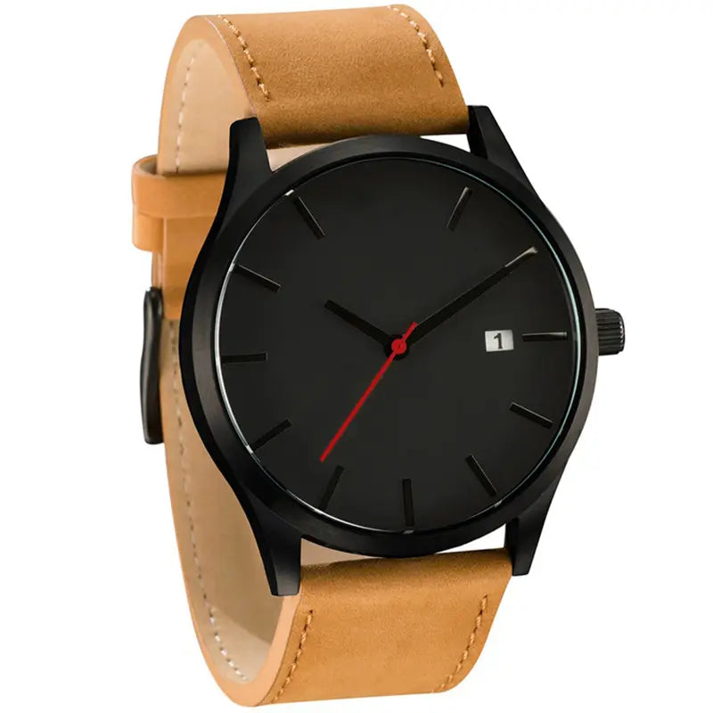 Quartz watch with leather strap and option o fully customize the dial with a personalized laser engraving.