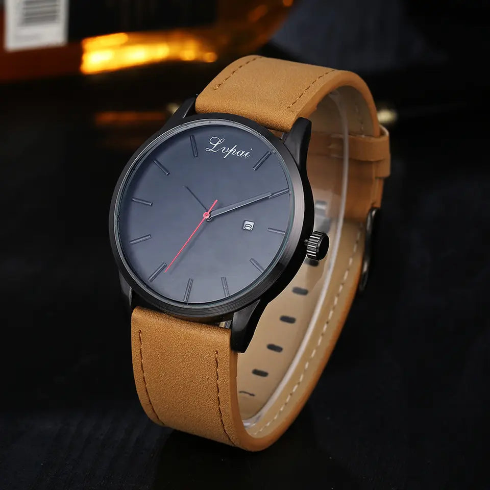 Quartz watch with leather strap and option o fully customize the dial with a personalized laser engraving.