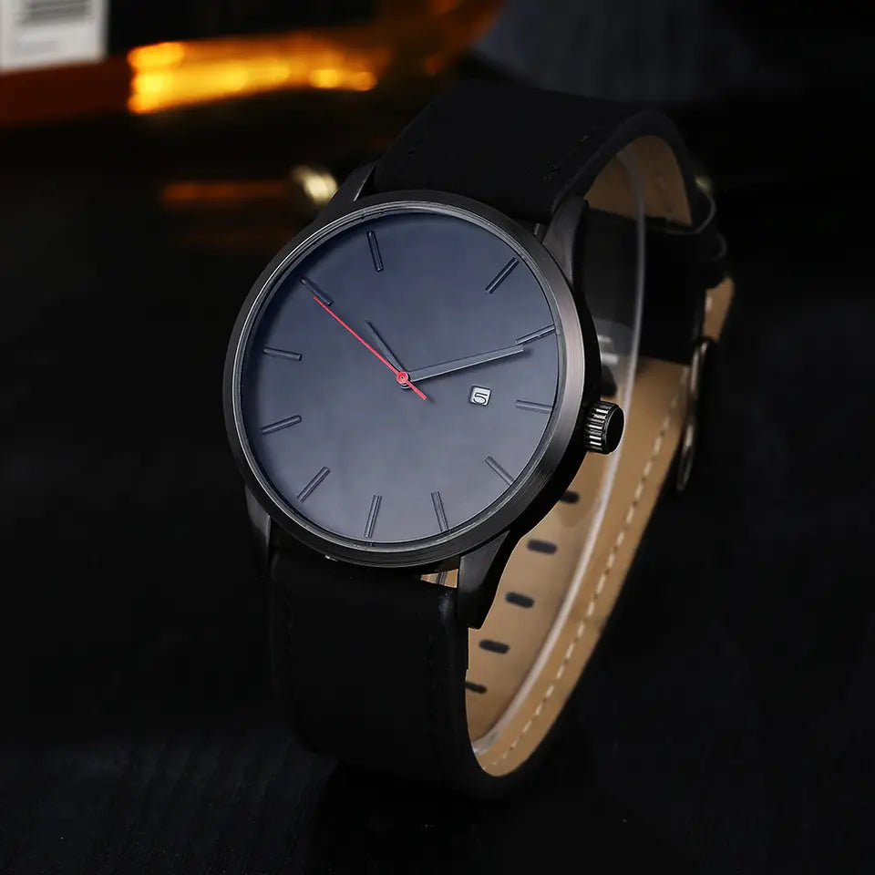 Quartz watch with leather strap and option o fully customize the dial with a personalized laser engraving.