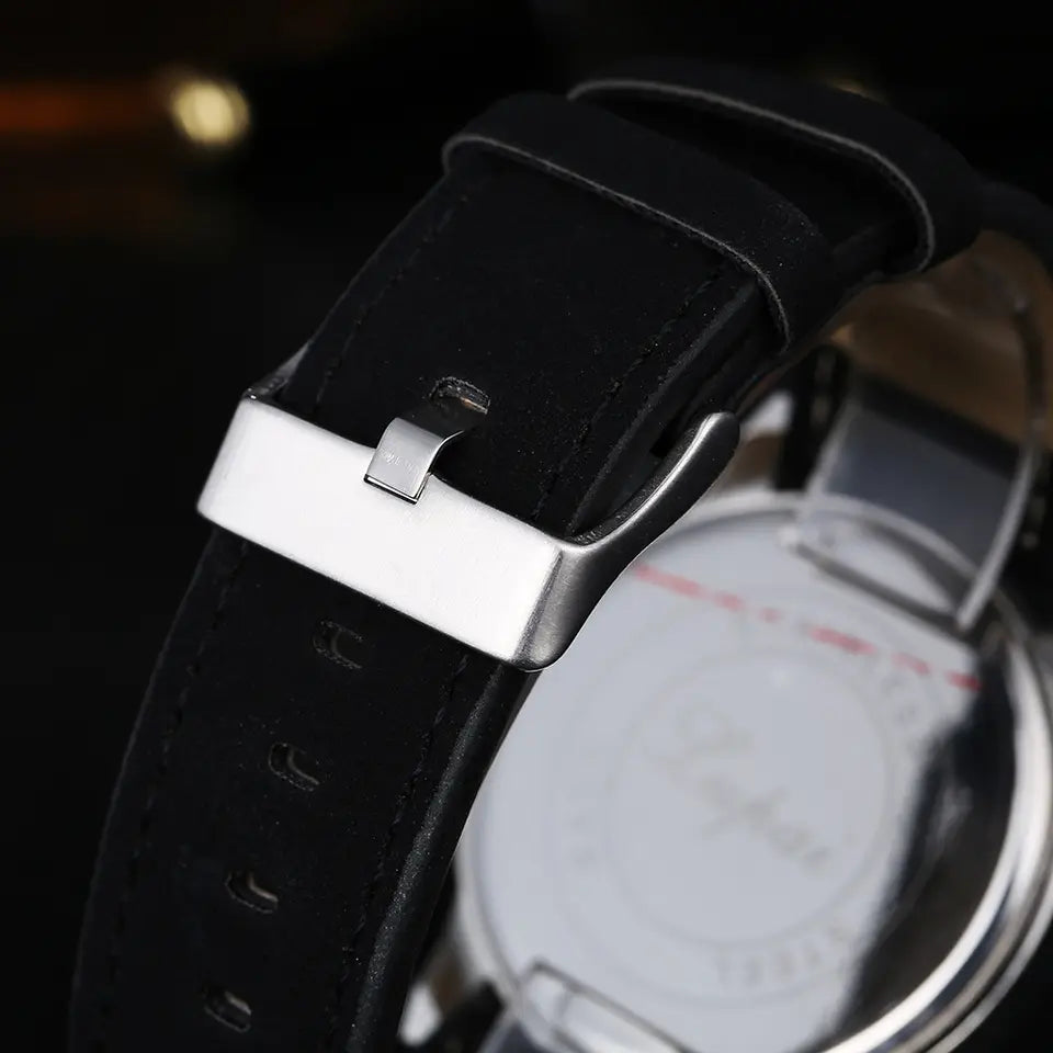 Quartz watch with leather strap and option o fully customize the dial with a personalized laser engraving.